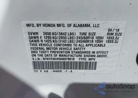 2019 Honda Pilot Ex-L из США, поврежденный, VIN 5FNYF6H45KB079018